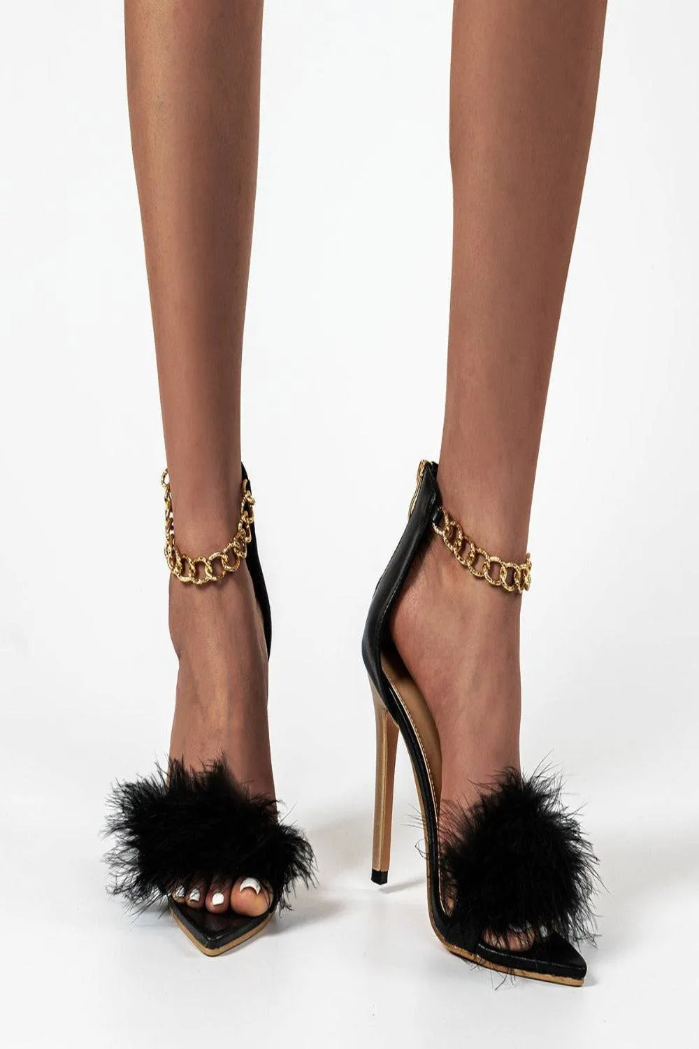 Black Stiletto High Heel Sandals Gold Chain Fluffy Fur Shoes