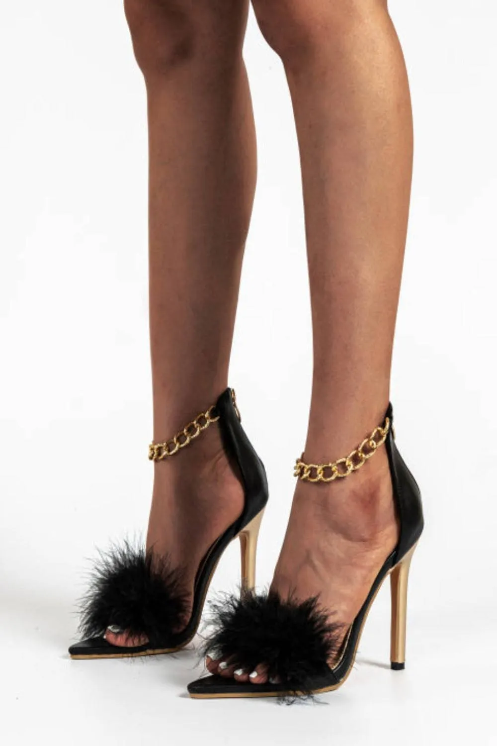 Black Stiletto High Heel Sandals Gold Chain Fluffy Fur Shoes