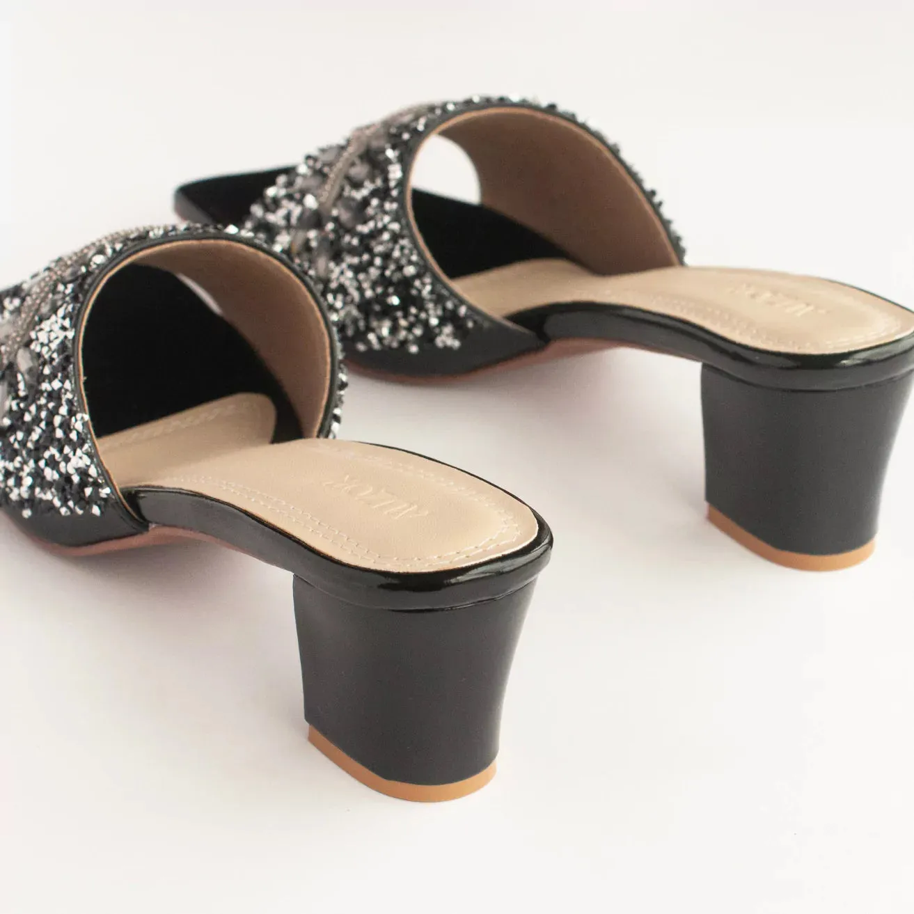 Black Stones & Beads Embellished Block Heels
