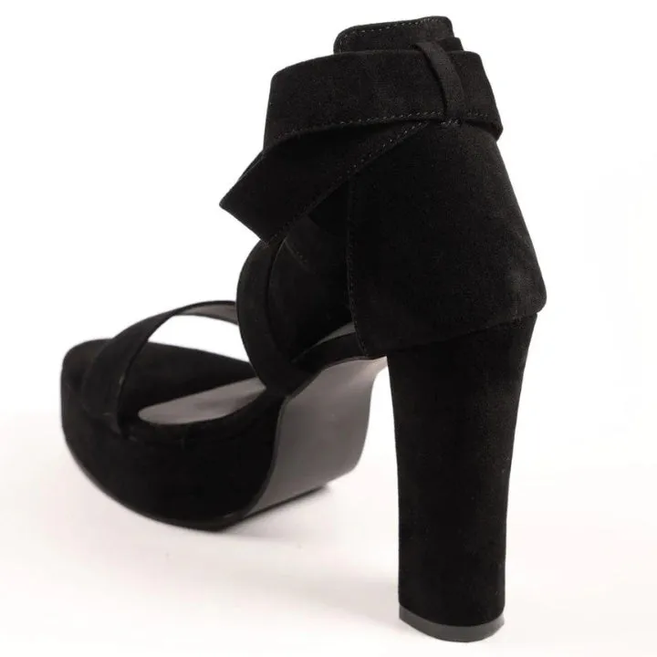 Black Velvet Peaks Block Heels