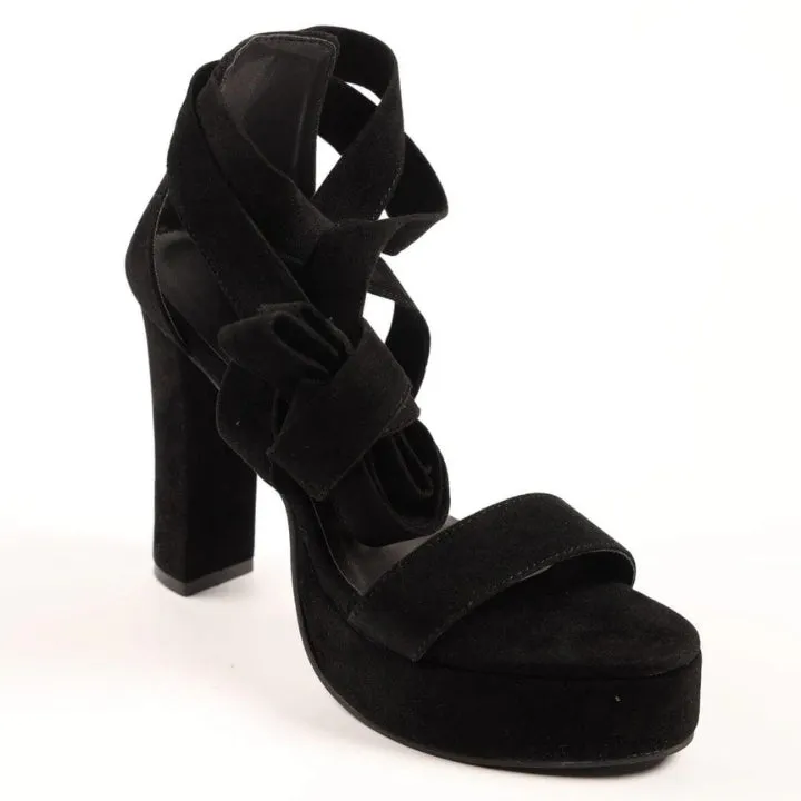 Black Velvet Peaks Block Heels