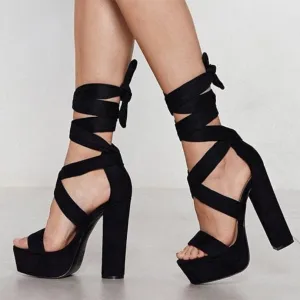 Black Velvet Peaks Block Heels