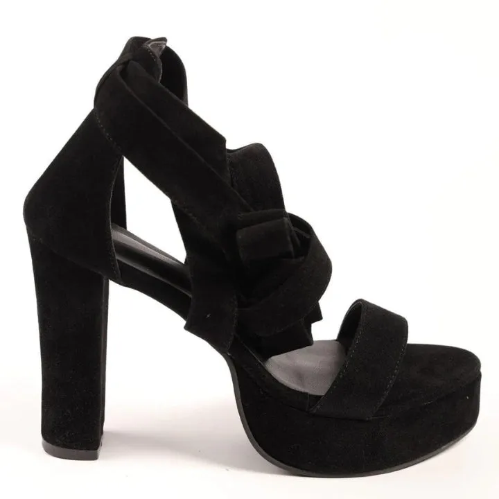 Black Velvet Peaks Block Heels