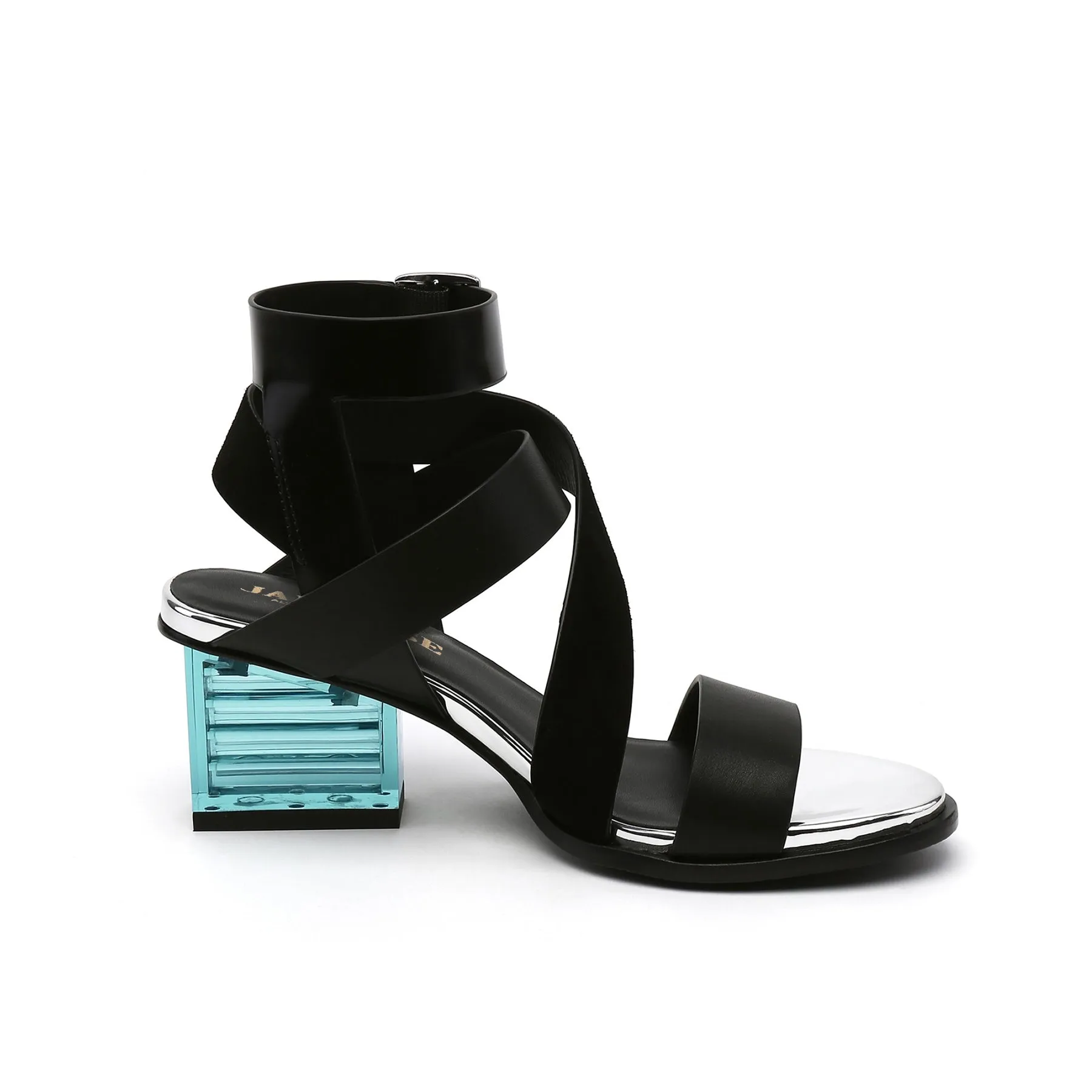 Block Heel Cross Triple-Stap Leather Sandal - Black