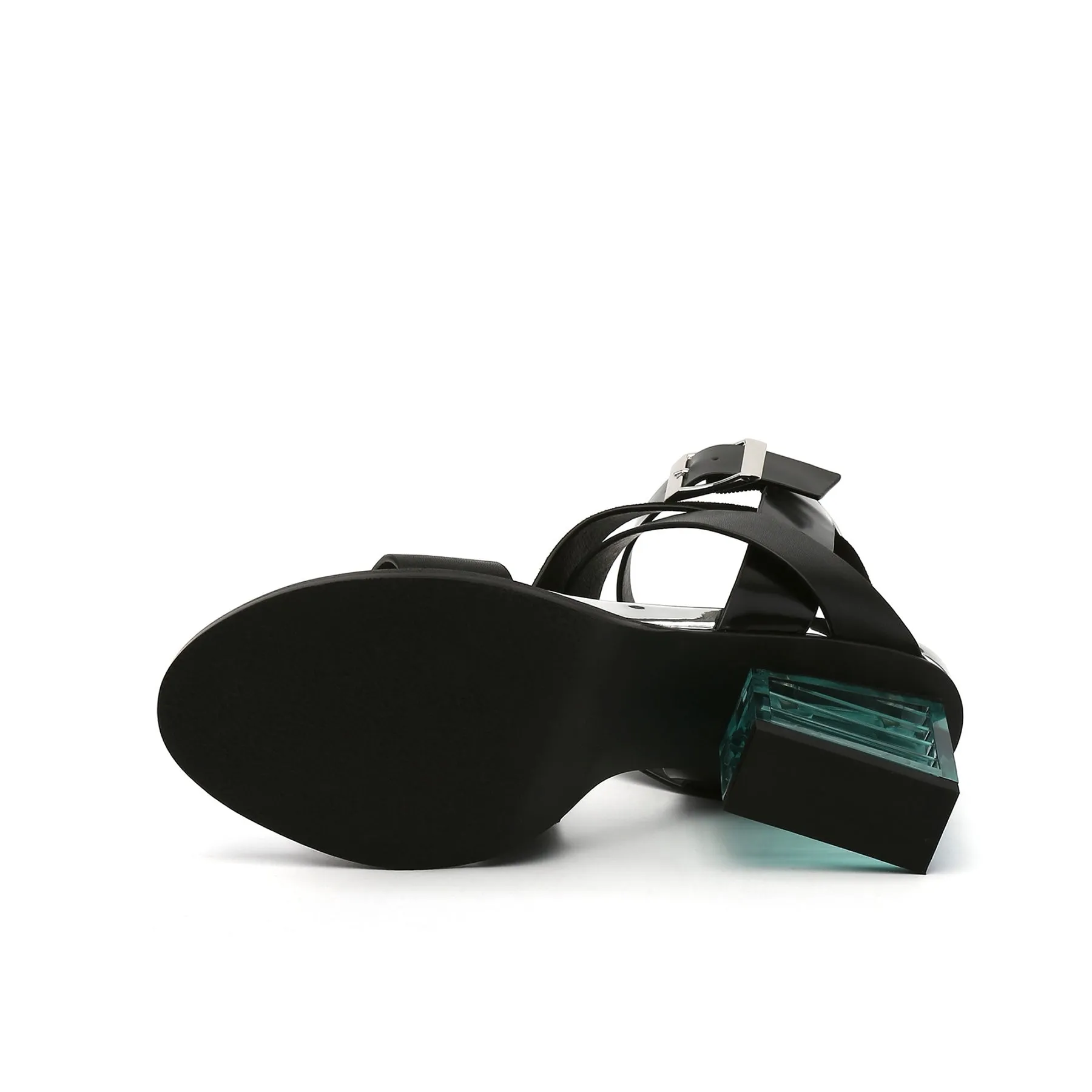 Block Heel Cross Triple-Stap Leather Sandal - Black