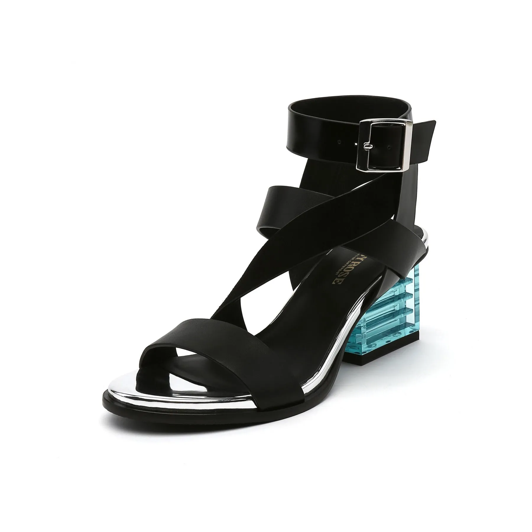 Block Heel Cross Triple-Stap Leather Sandal - Black