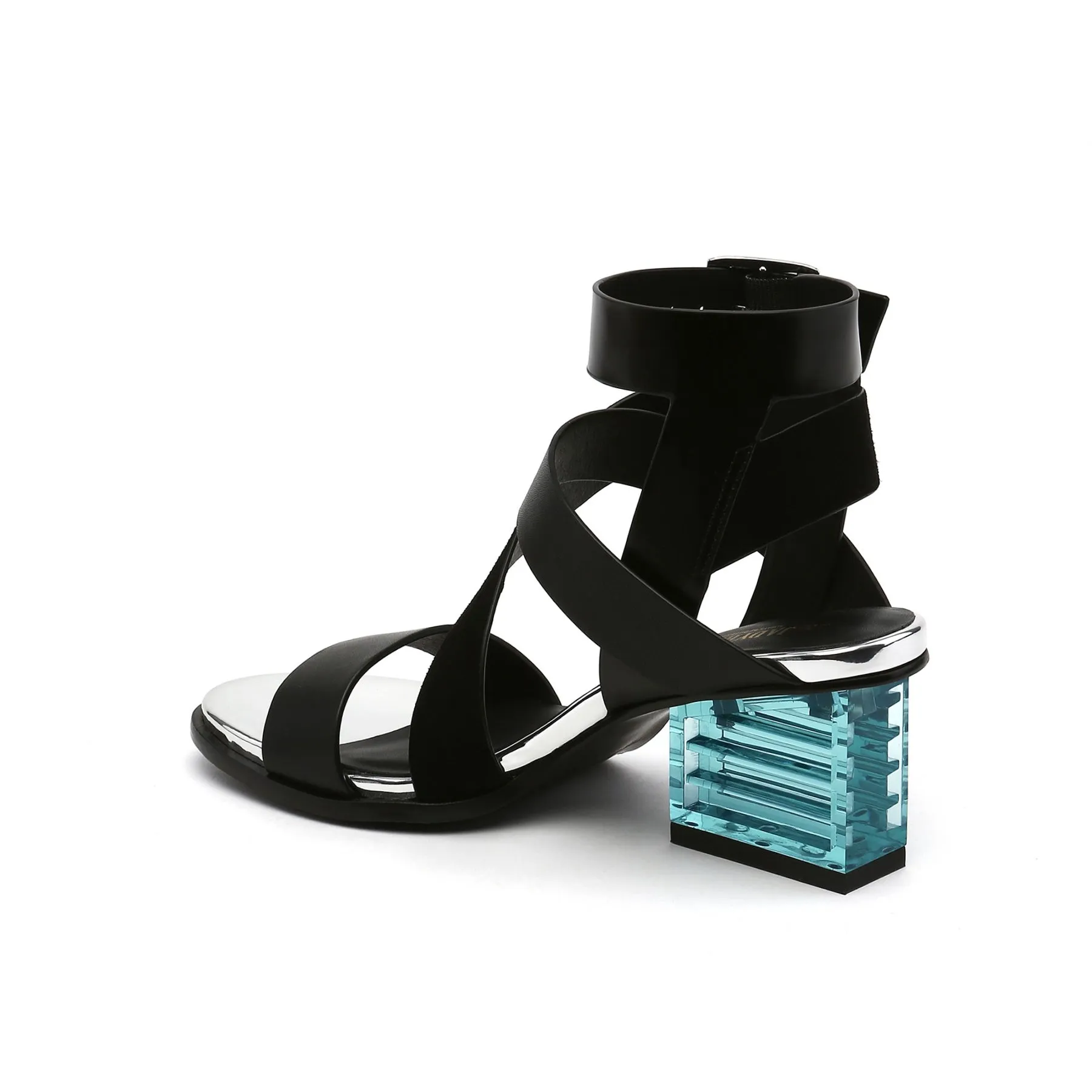 Block Heel Cross Triple-Stap Leather Sandal - Black