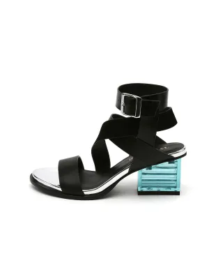 Block Heel Cross Triple-Stap Leather Sandal - Black