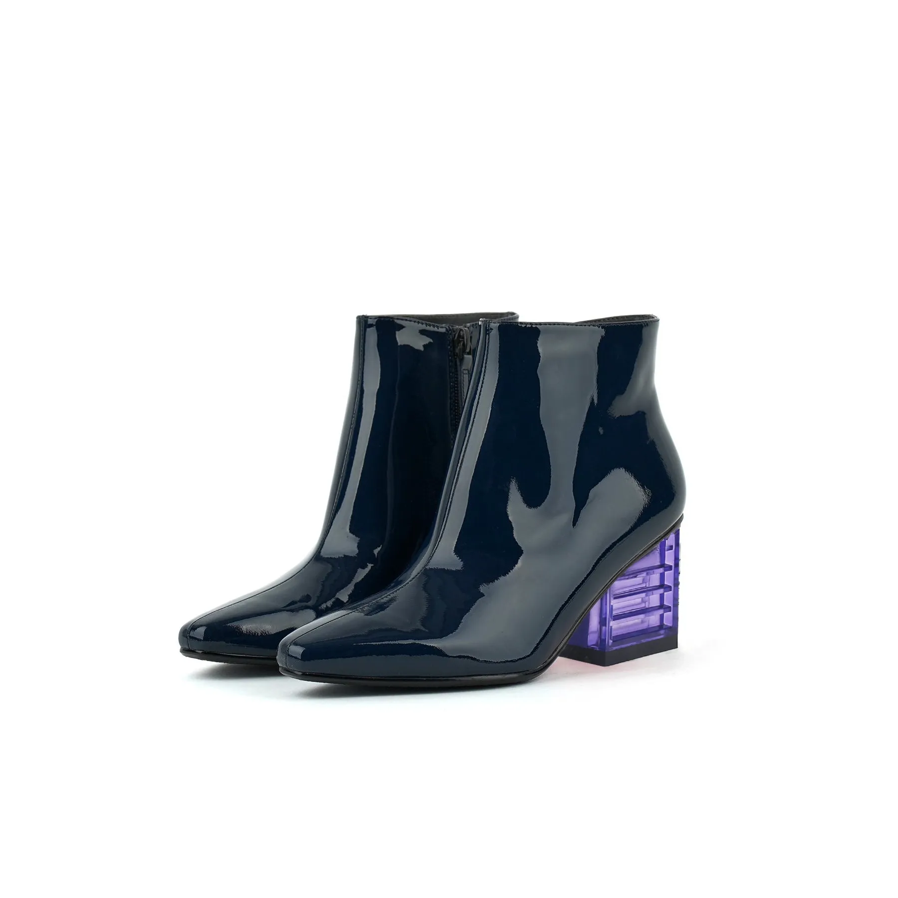 Block Neon Heel Leather Bootie - Navy