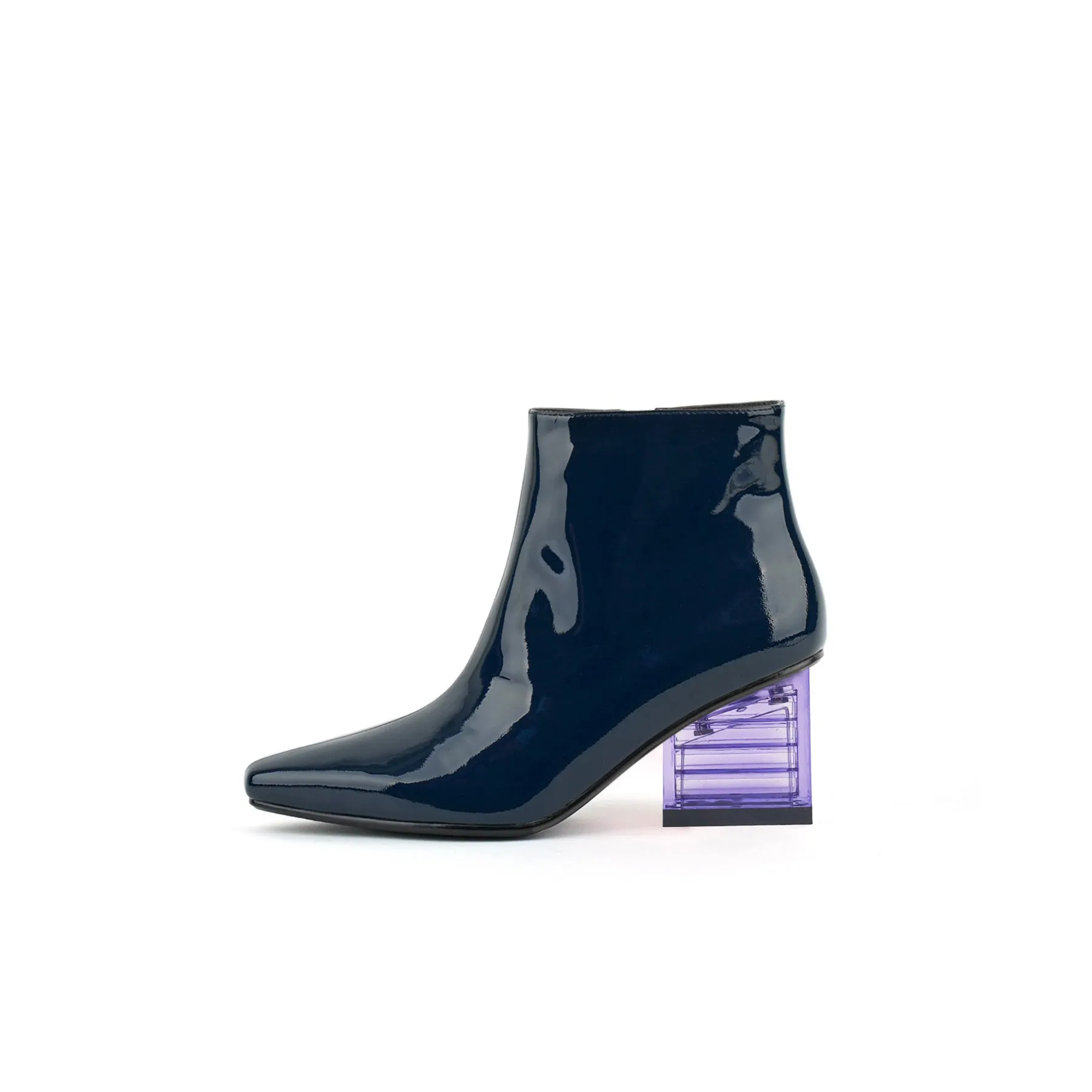 Block Neon Heel Leather Bootie - Navy