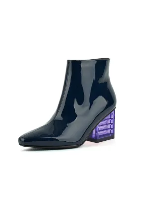 Block Neon Heel Leather Bootie - Navy