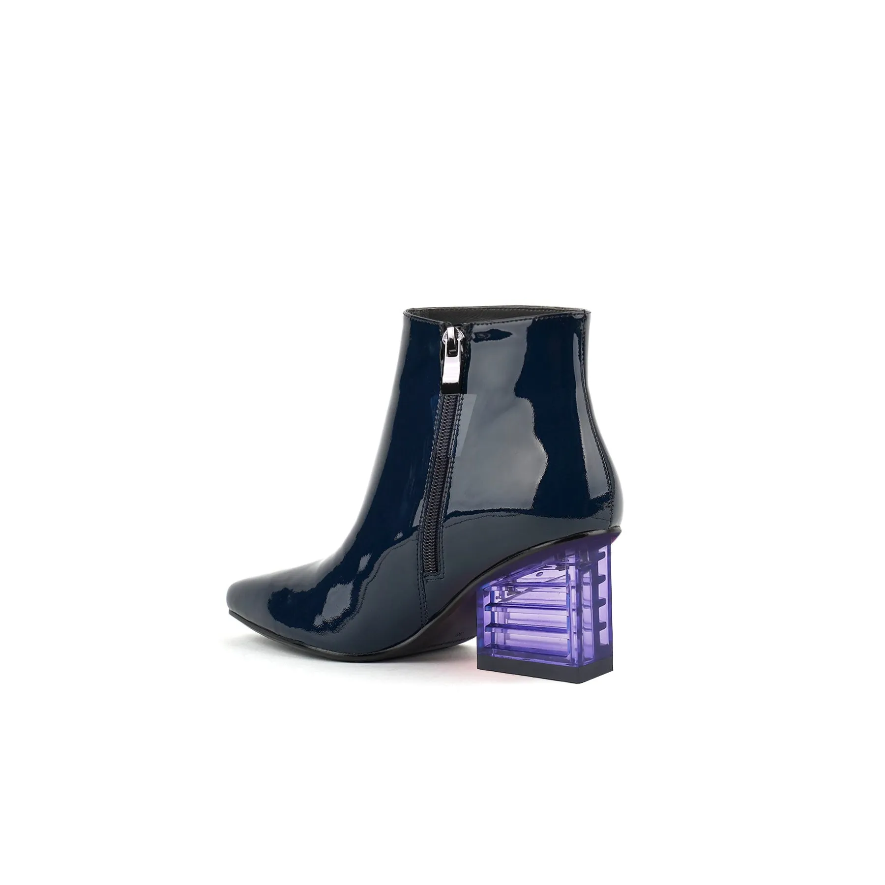 Block Neon Heel Leather Bootie - Navy
