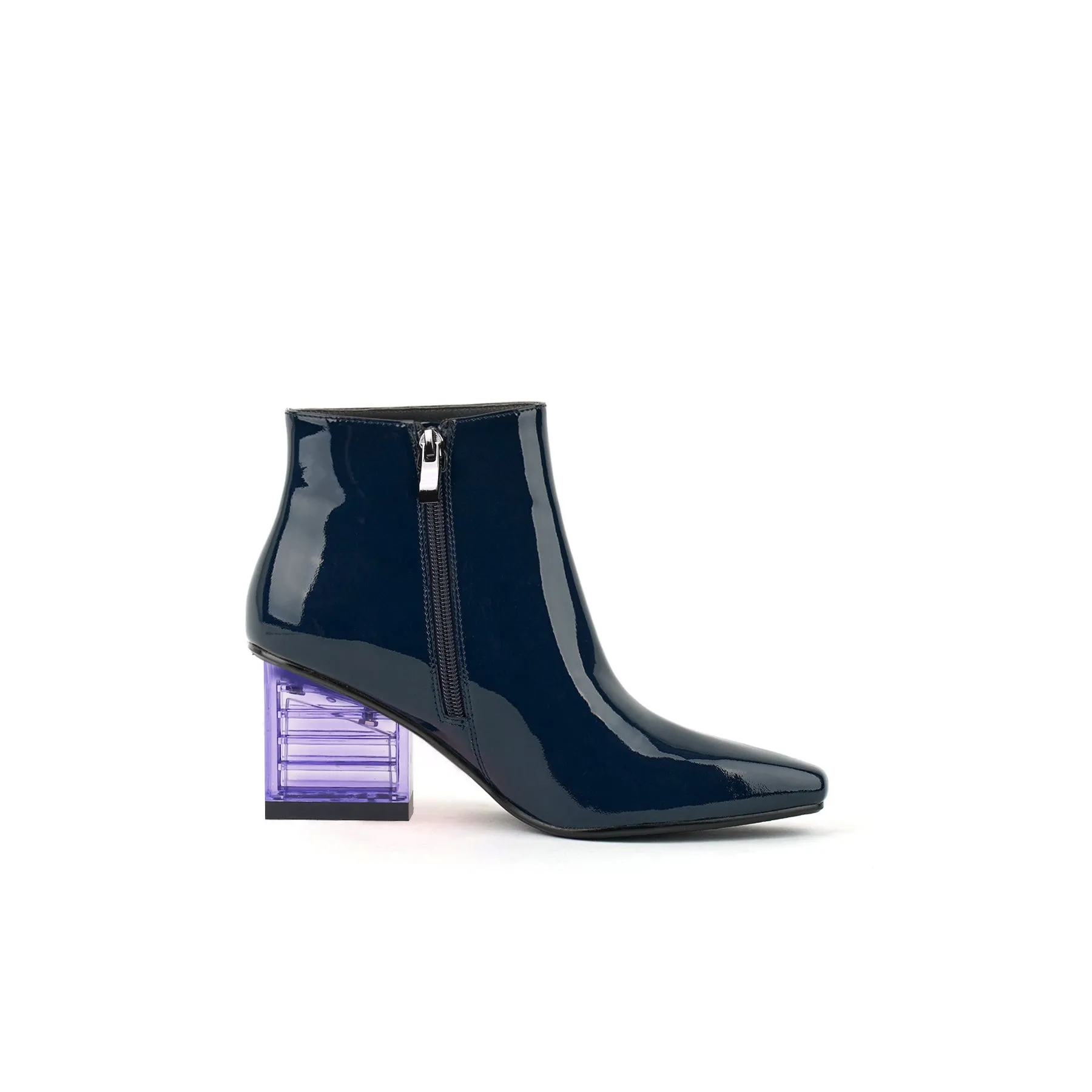 Block Neon Heel Leather Bootie - Navy