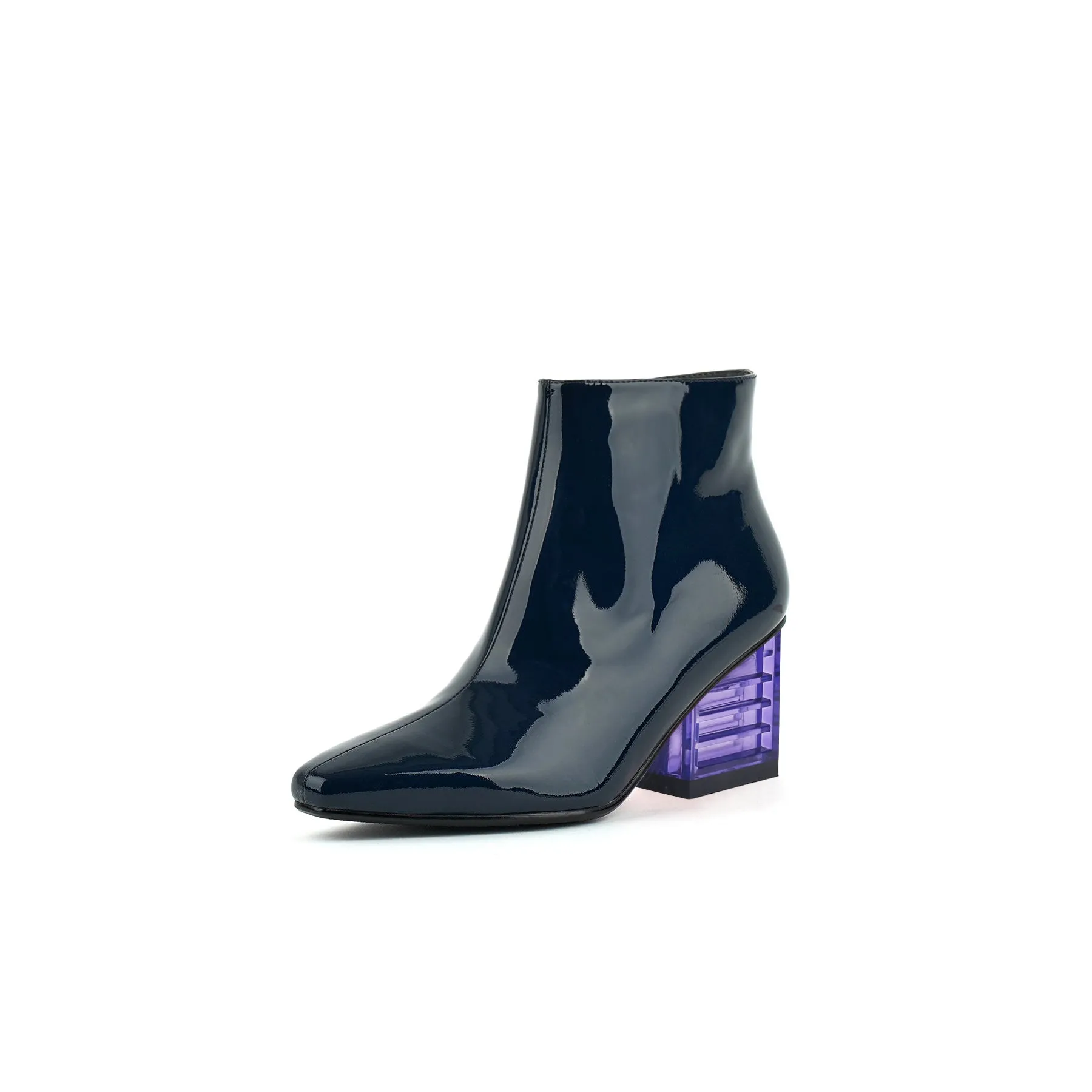 Block Neon Heel Leather Bootie - Navy