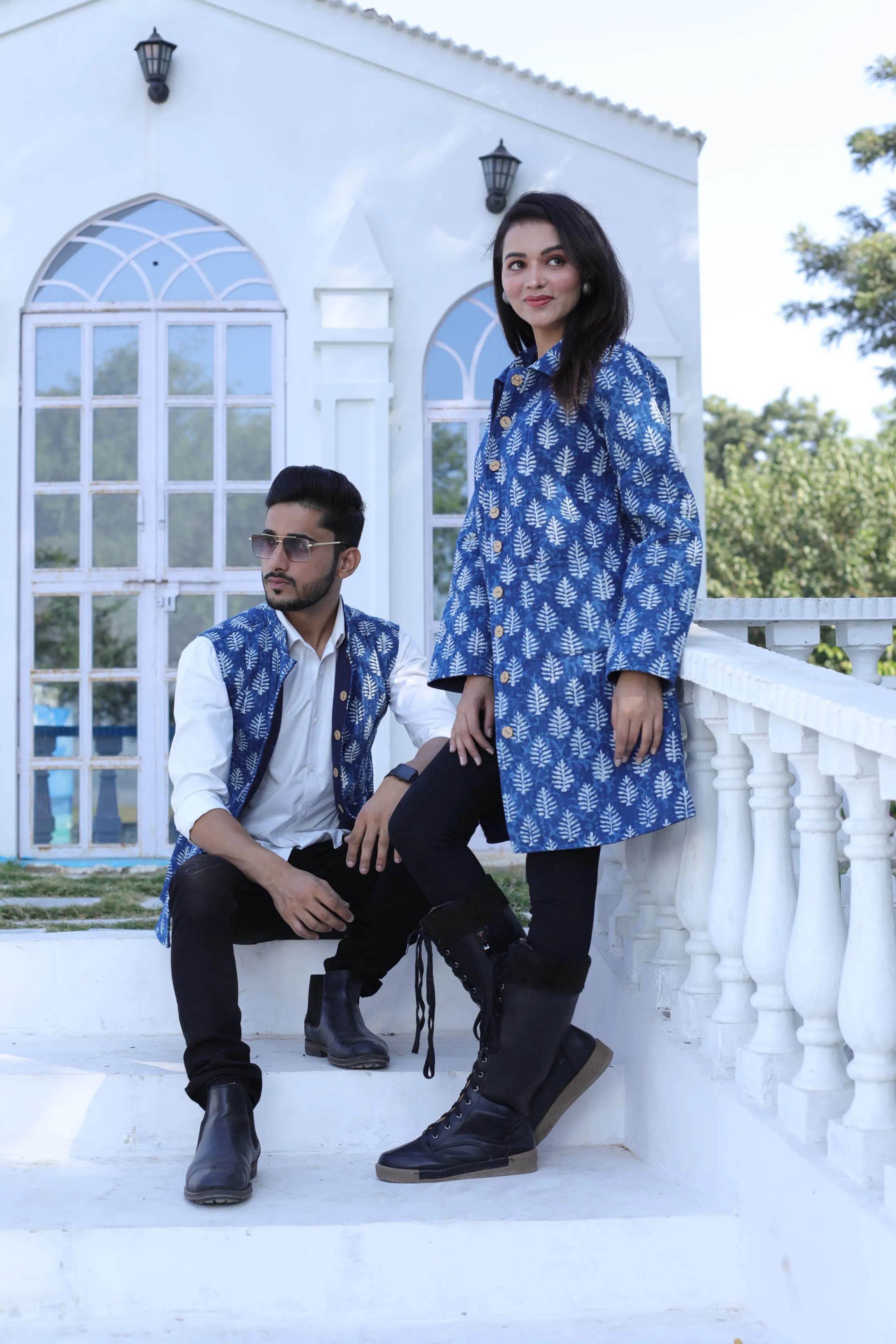 Blue Color Twinning Couple Pure Cotton Bagru Print Quilted Reversible Jackets