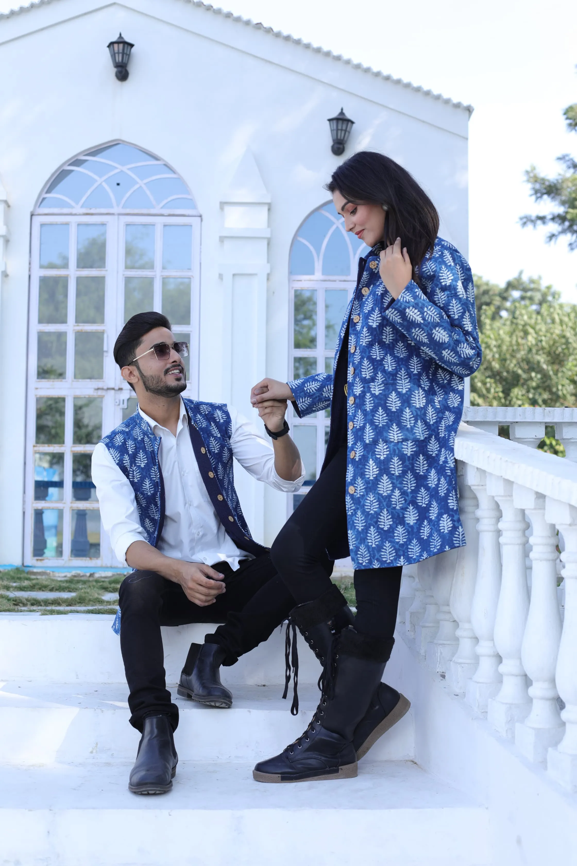 Blue Color Twinning Couple Pure Cotton Bagru Print Quilted Reversible Jackets