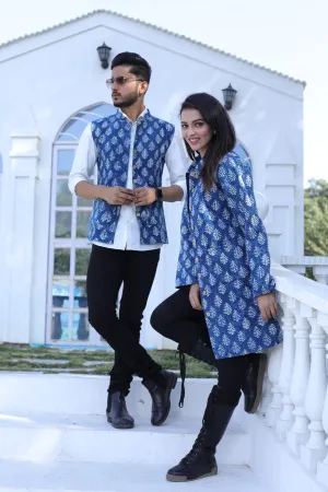 Blue Color Twinning Couple Pure Cotton Bagru Print Quilted Reversible Jackets