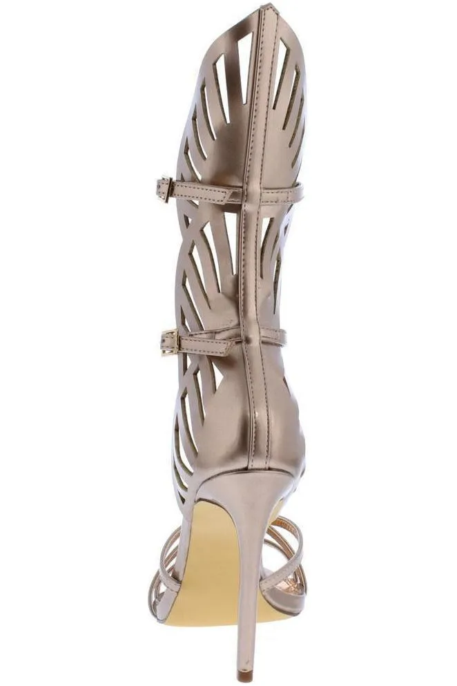 Bronze Laser Cut Open Toe Stiletto Heel Shoes