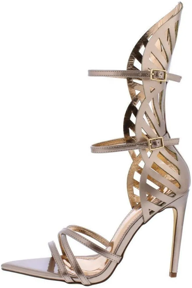 Bronze Laser Cut Open Toe Stiletto Heel Shoes