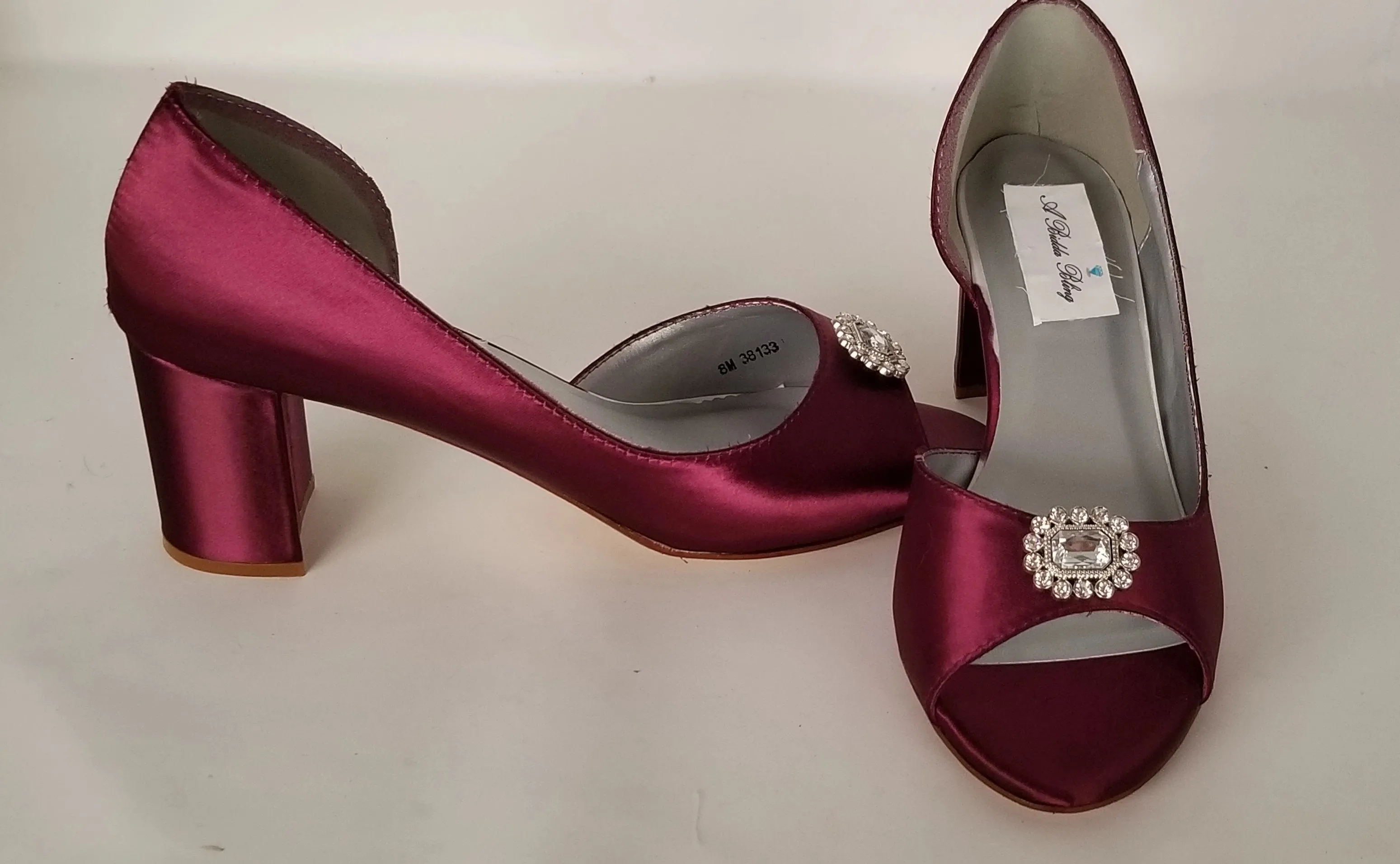 Burgundy Block Heels with Crystal Square