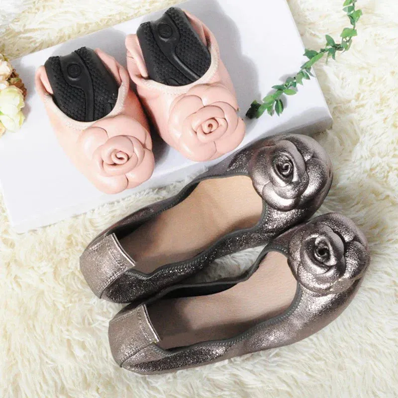 Camellia Genuine Leather Slip On Ballet Flats - Silver/41
