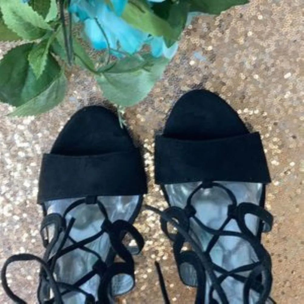 Carlos Black Madelyn Lace-Up Wedge Sandals 10M