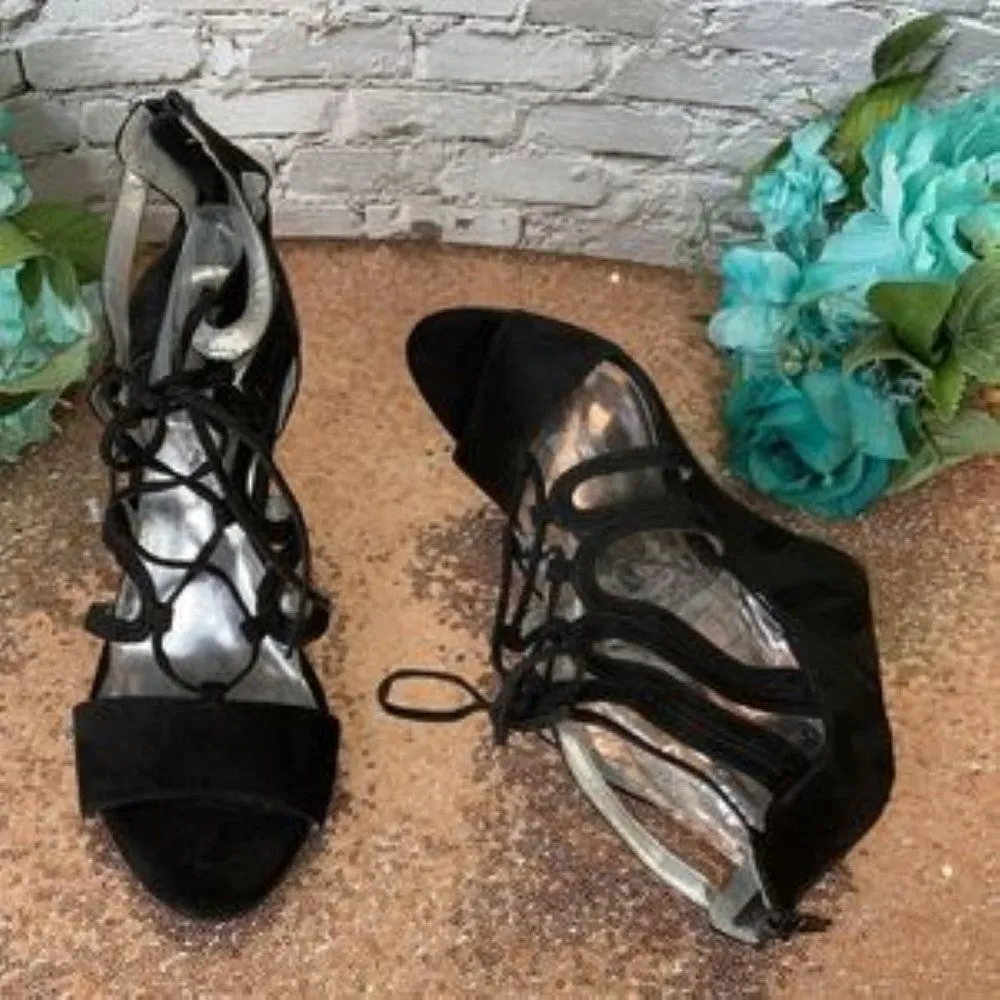 Carlos Black Madelyn Lace-Up Wedge Sandals 10M