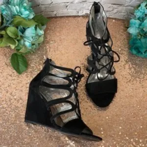 Carlos Black Madelyn Lace-Up Wedge Sandals 10M