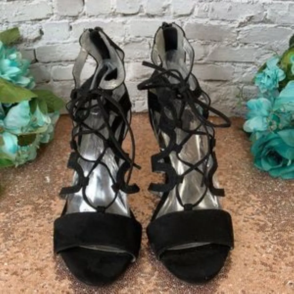 Carlos Black Madelyn Lace-Up Wedge Sandals 10M