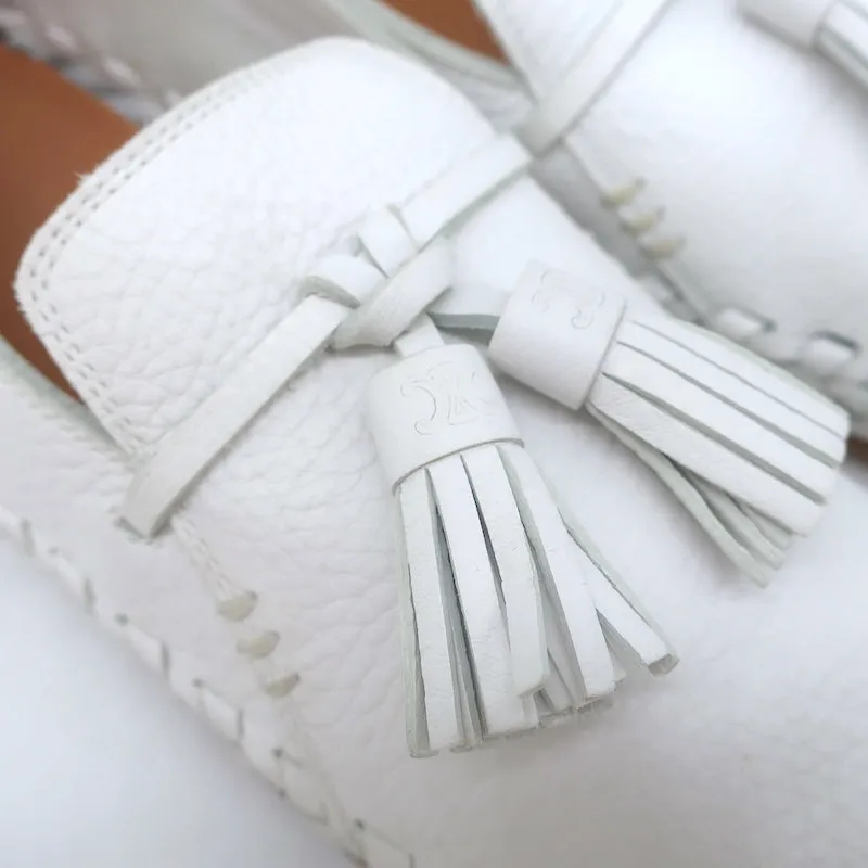 Celine Marlou Moccasin Flats White Grained Leather Size 39