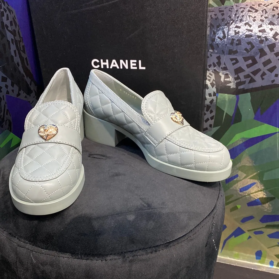 Chanel Light Teal Quilted Chunky Heeled 'Moccasin' Loader with Gold Heart Charm