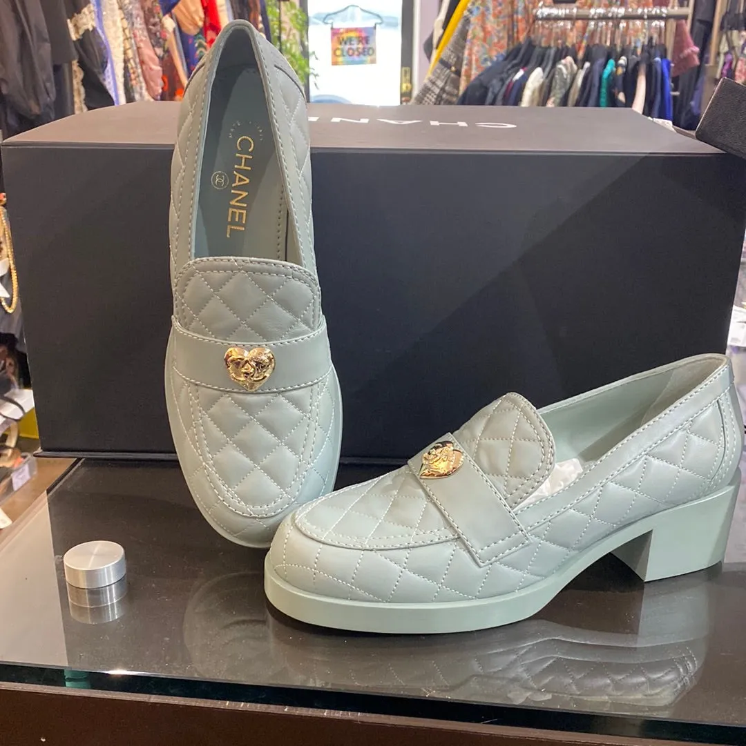 Chanel Light Teal Quilted Chunky Heeled 'Moccasin' Loader with Gold Heart Charm