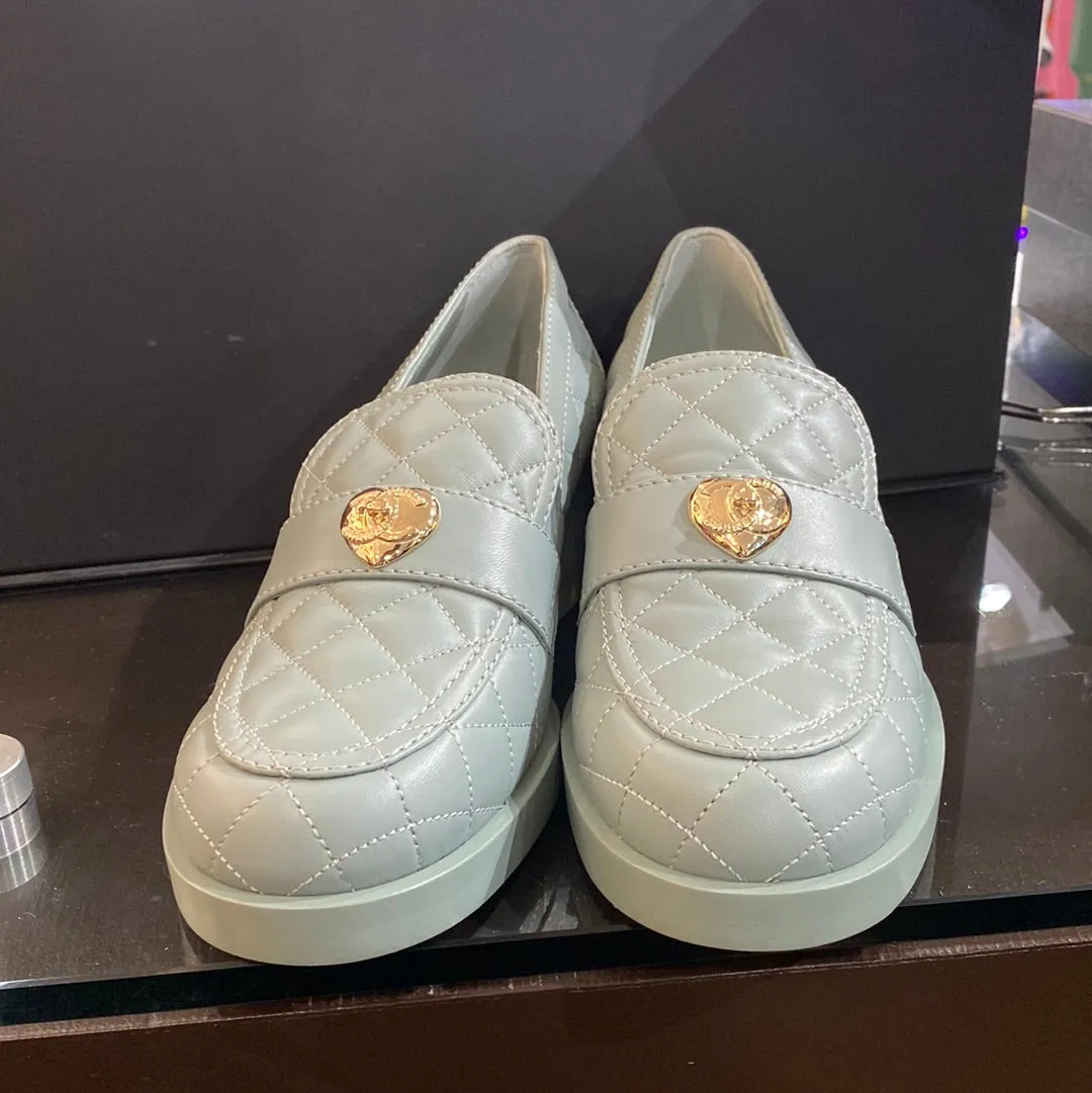 Chanel Light Teal Quilted Chunky Heeled 'Moccasin' Loader with Gold Heart Charm
