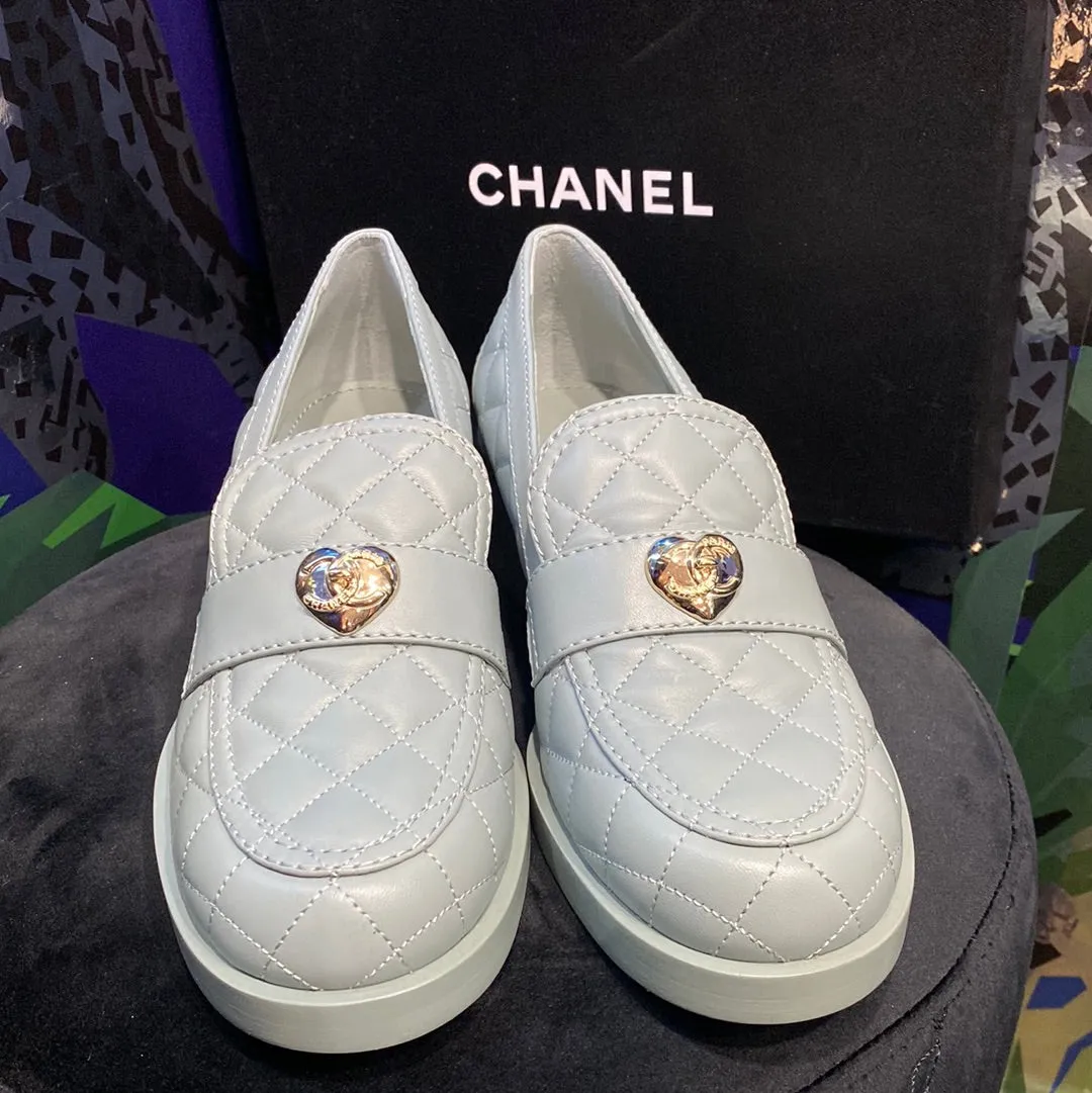 Chanel Light Teal Quilted Chunky Heeled 'Moccasin' Loader with Gold Heart Charm