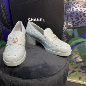 Chanel Light Teal Quilted Chunky Heeled 'Moccasin' Loader with Gold Heart Charm