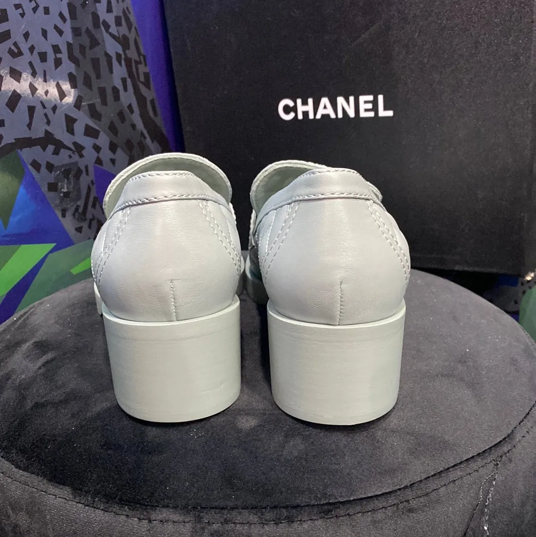 Chanel Light Teal Quilted Chunky Heeled 'Moccasin' Loader with Gold Heart Charm