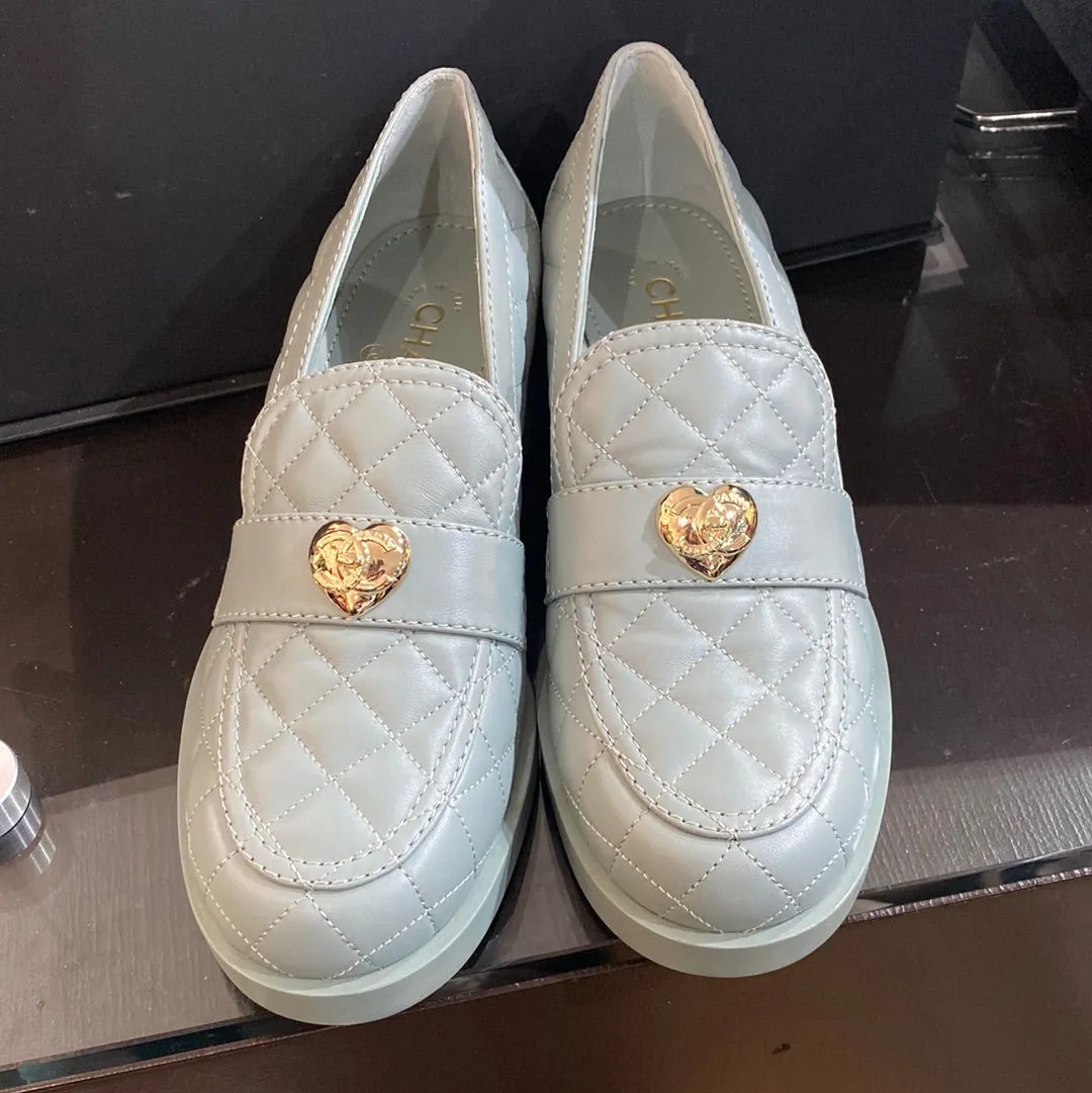 Chanel Light Teal Quilted Chunky Heeled 'Moccasin' Loader with Gold Heart Charm