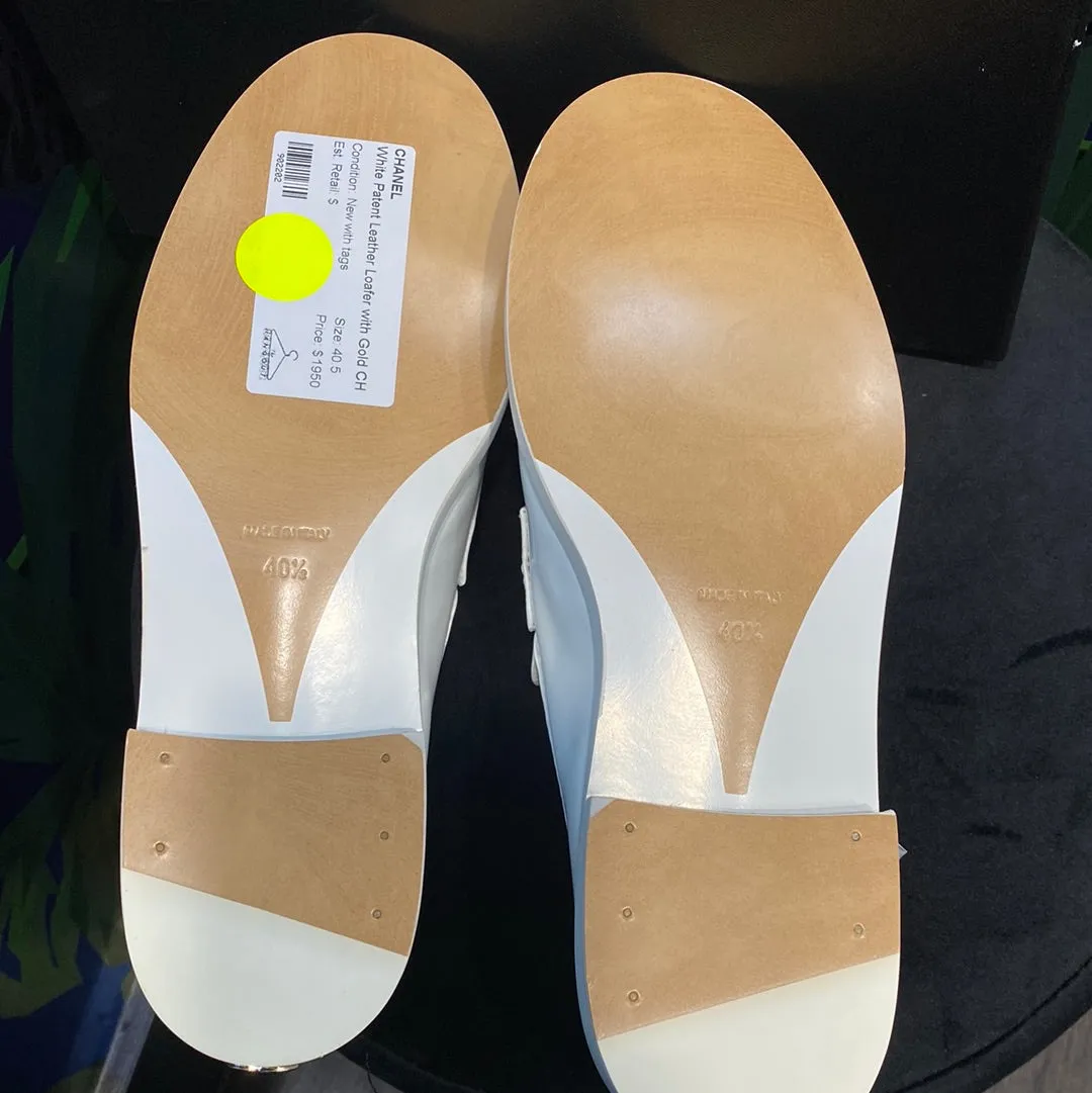 Chanel White Patent Leather Loafer with Gold CHANEL chain