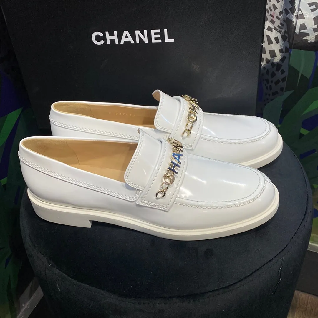 Chanel White Patent Leather Loafer with Gold CHANEL chain