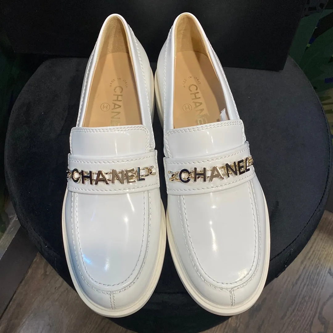 Chanel White Patent Leather Loafer with Gold CHANEL chain