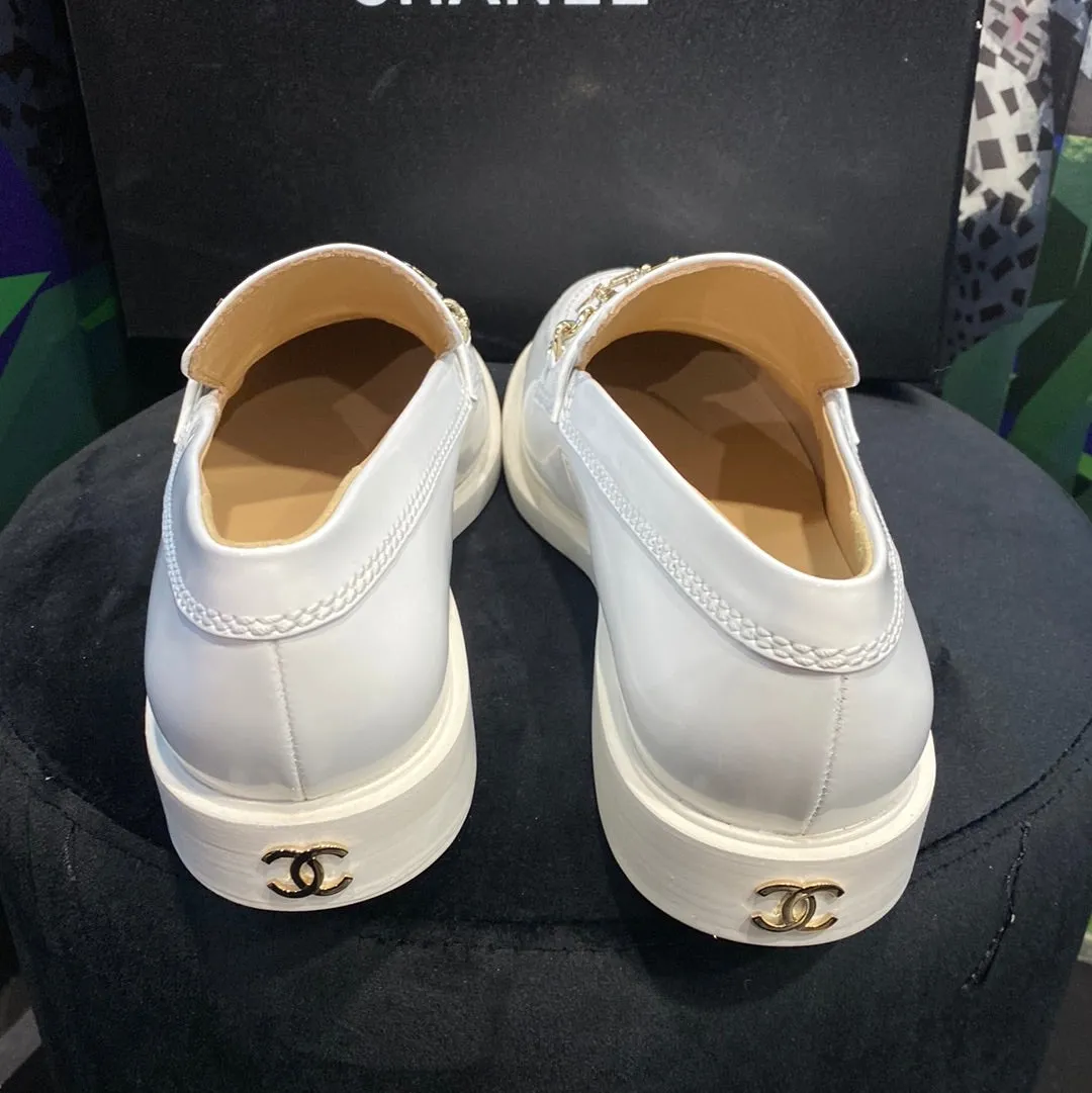 Chanel White Patent Leather Loafer with Gold CHANEL chain