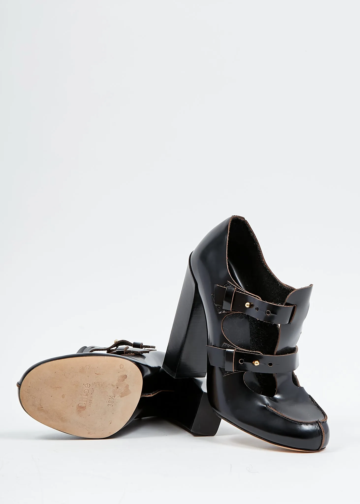Chloé Black Leather Cut Out Block Heel Booties - 38.5