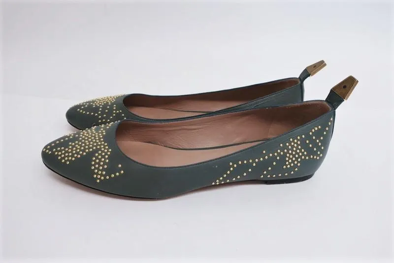 Chloe Suzanna Ballet Flats Gray Studded Leather Size 38