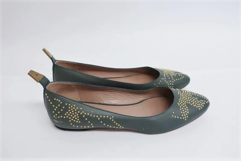 Chloe Suzanna Ballet Flats Gray Studded Leather Size 38
