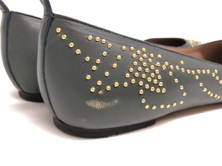 Chloe Suzanna Ballet Flats Gray Studded Leather Size 38
