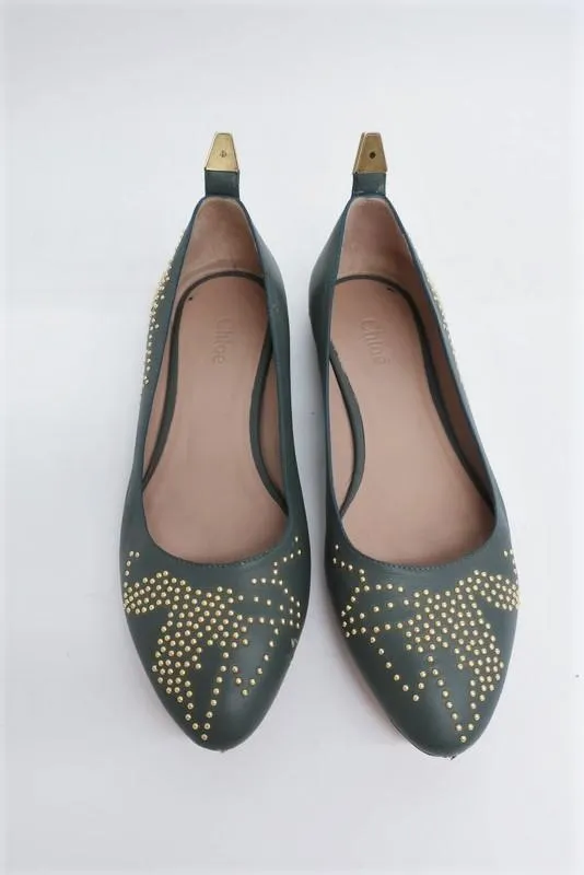 Chloe Suzanna Ballet Flats Gray Studded Leather Size 38