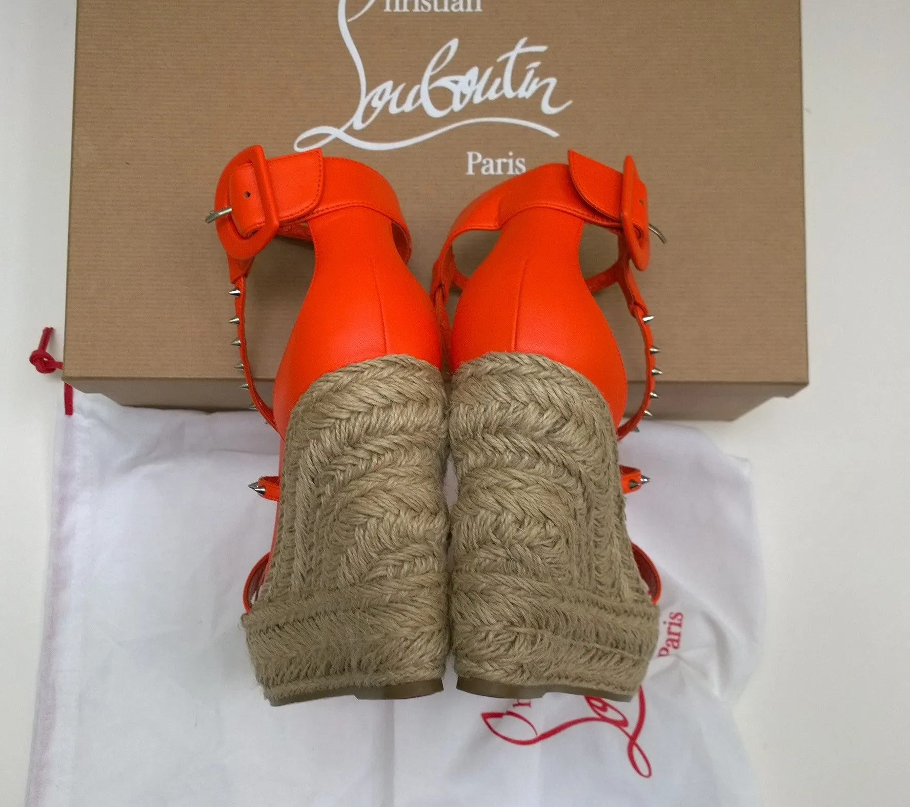 Christian Louboutin Chocazeppa 120 Orange Leather Espadrilles Wedge Heels New in Box