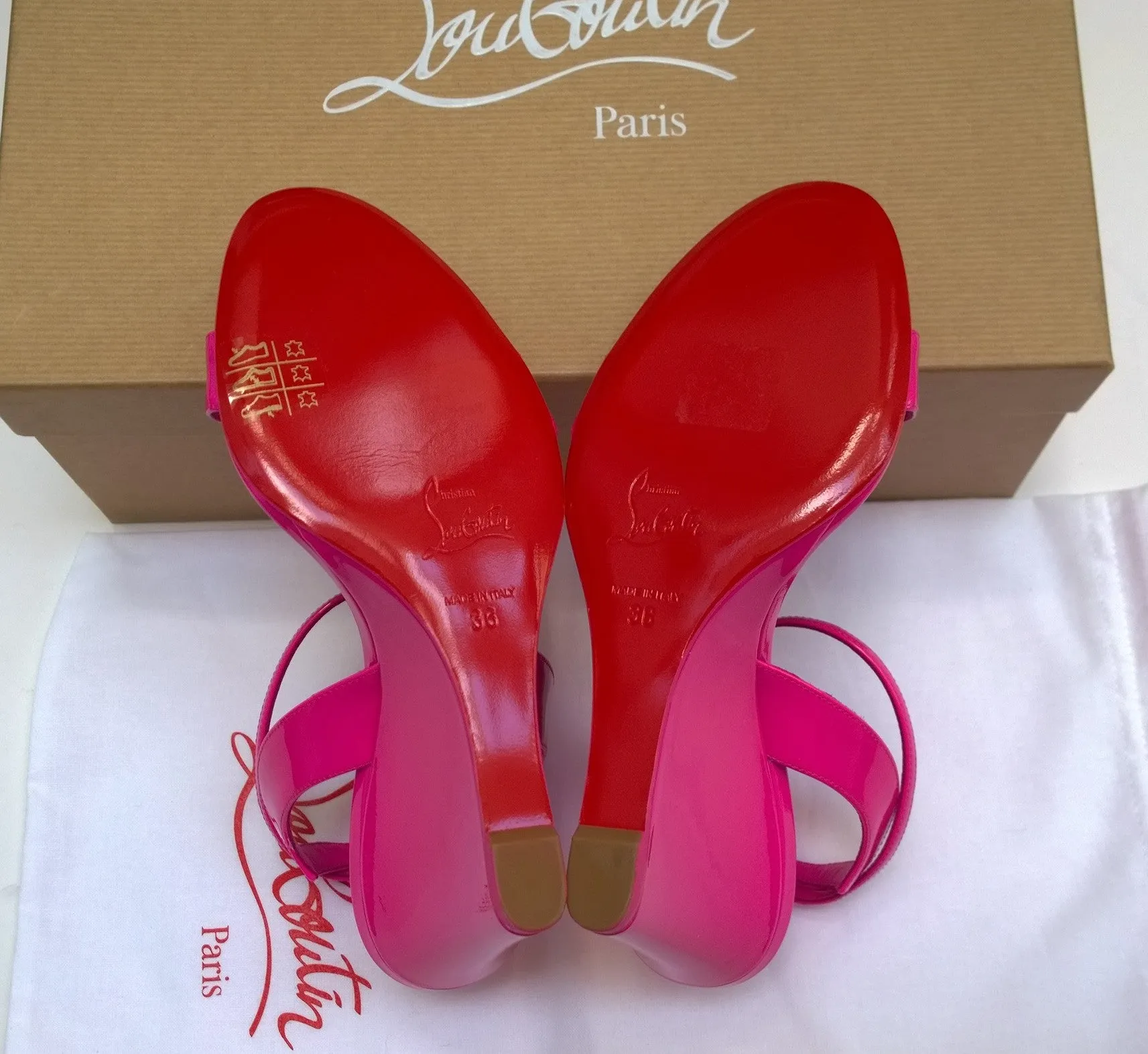 Christian Louboutin Zeppa Chick 100 Bolerose Bright Pink Patent Wedge Sandals Heels New in Box