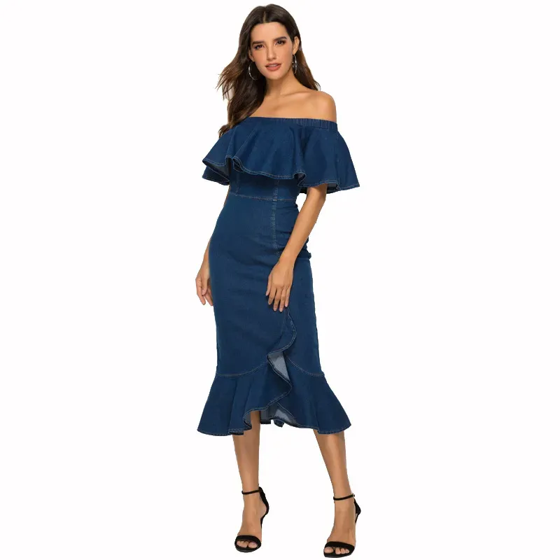Clare Off-Shoulder Ruffle Denim Midi Dress