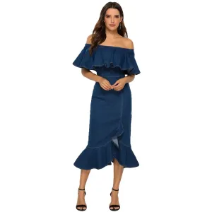 Clare Off-Shoulder Ruffle Denim Midi Dress